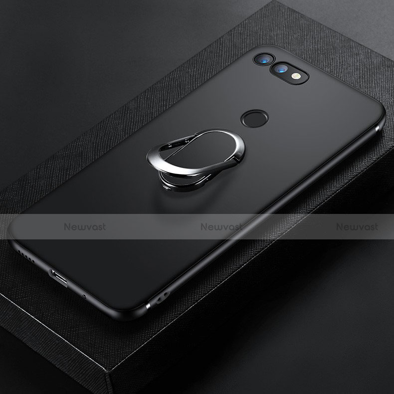 Ultra-thin Silicone Gel Soft Case with Magnetic Finger Ring Stand for Huawei Honor V20 Black