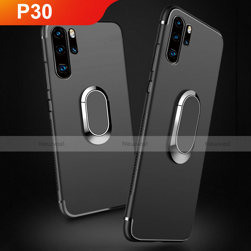 Ultra-thin Silicone Gel Soft Case with Magnetic Finger Ring Stand for Huawei P30 Pro New Edition Black