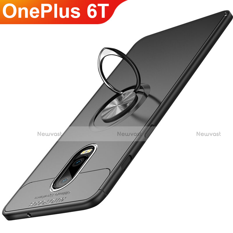 Ultra-thin Silicone Gel Soft Case with Magnetic Finger Ring Stand for OnePlus 6T Black