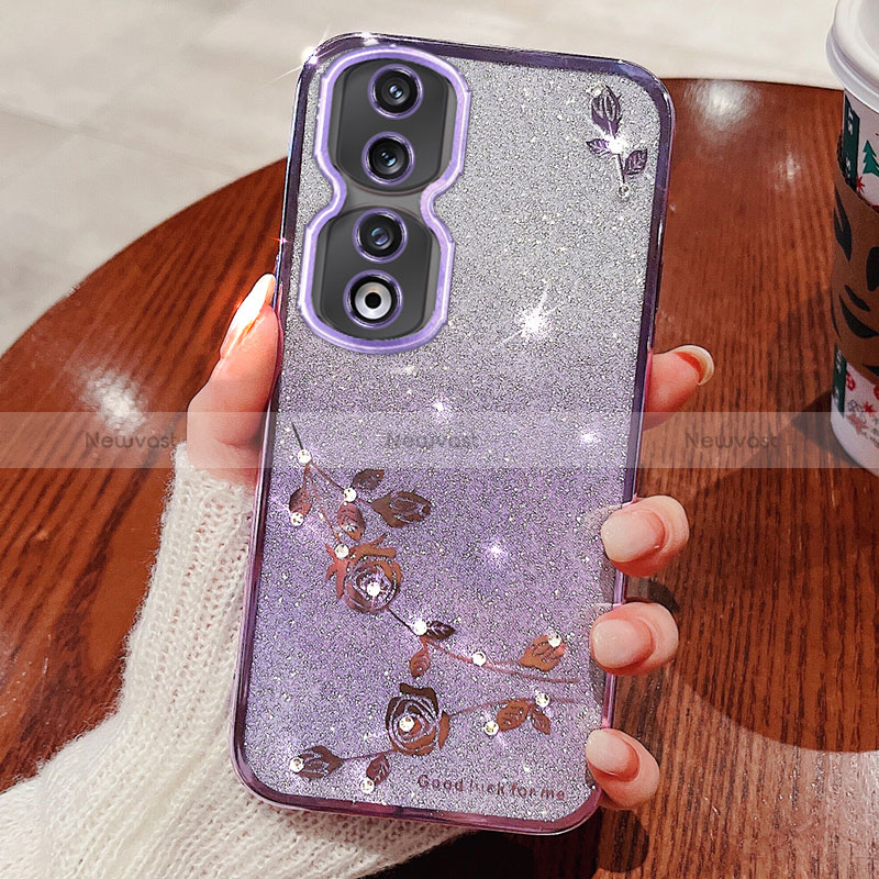 Ultra-thin Transparent Flowers Soft Case Cover for Huawei Honor 90 5G Purple