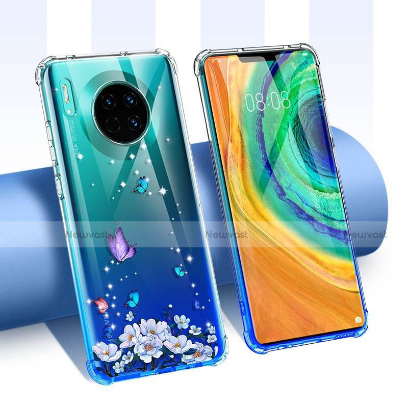 Ultra-thin Transparent Flowers Soft Case Cover for Huawei Mate 30 5G Blue