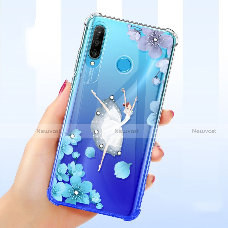 Ultra-thin Transparent Flowers Soft Case Cover for Huawei Nova 4e Blue