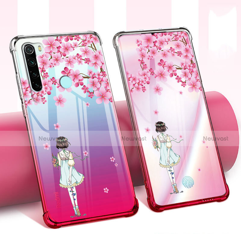Ultra-thin Transparent Flowers Soft Case Cover for Xiaomi Redmi Note 8 (2021) Pink