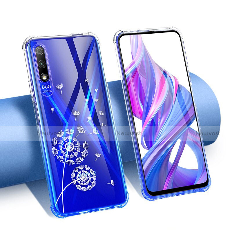 Ultra-thin Transparent Flowers Soft Case Cover T01 for Huawei Honor 9X Blue