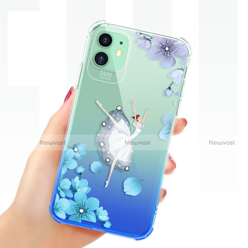 Ultra-thin Transparent Flowers Soft Case Cover T03 for Apple iPhone 11 Blue