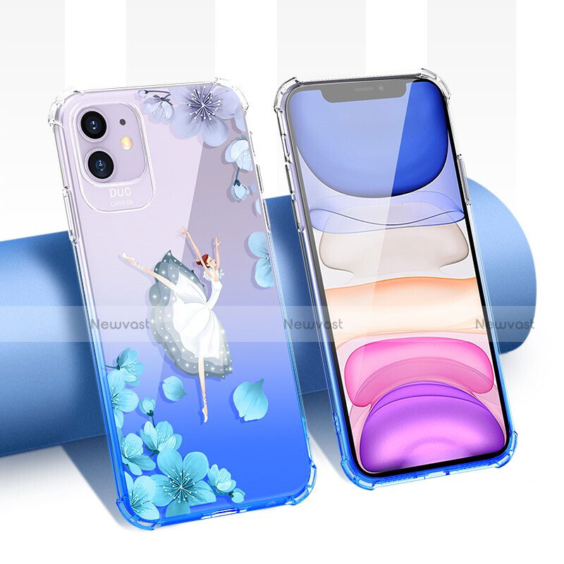 Ultra-thin Transparent Flowers Soft Case Cover T04 for Apple iPhone 11 Blue