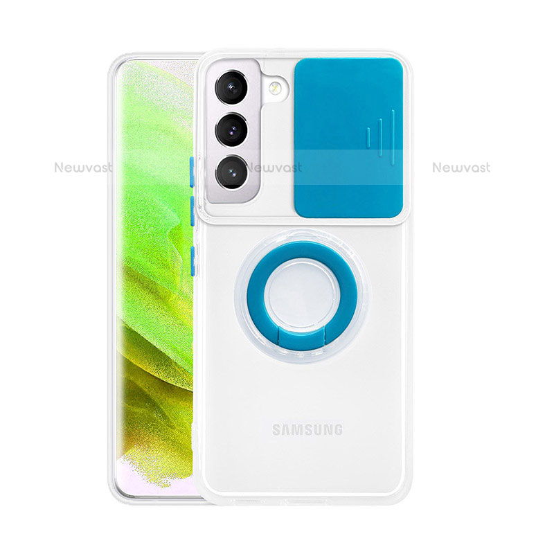 Ultra-thin Transparent TPU Soft Case Cover with Finger Ring Stand A01 for Samsung Galaxy S21 Plus 5G Blue