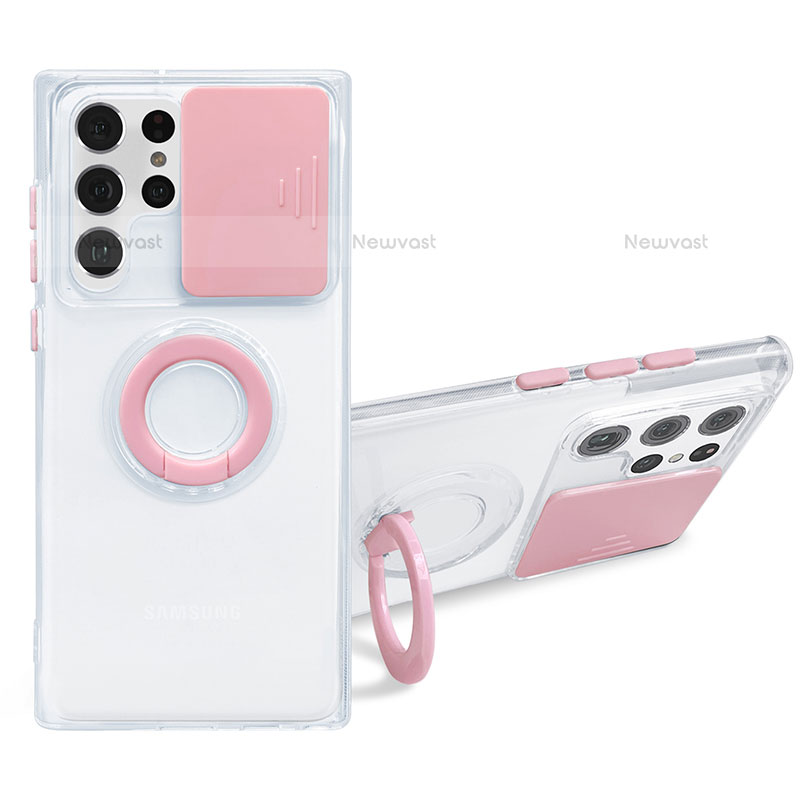Ultra-thin Transparent TPU Soft Case Cover with Finger Ring Stand S01 for Samsung Galaxy S21 Ultra 5G Pink