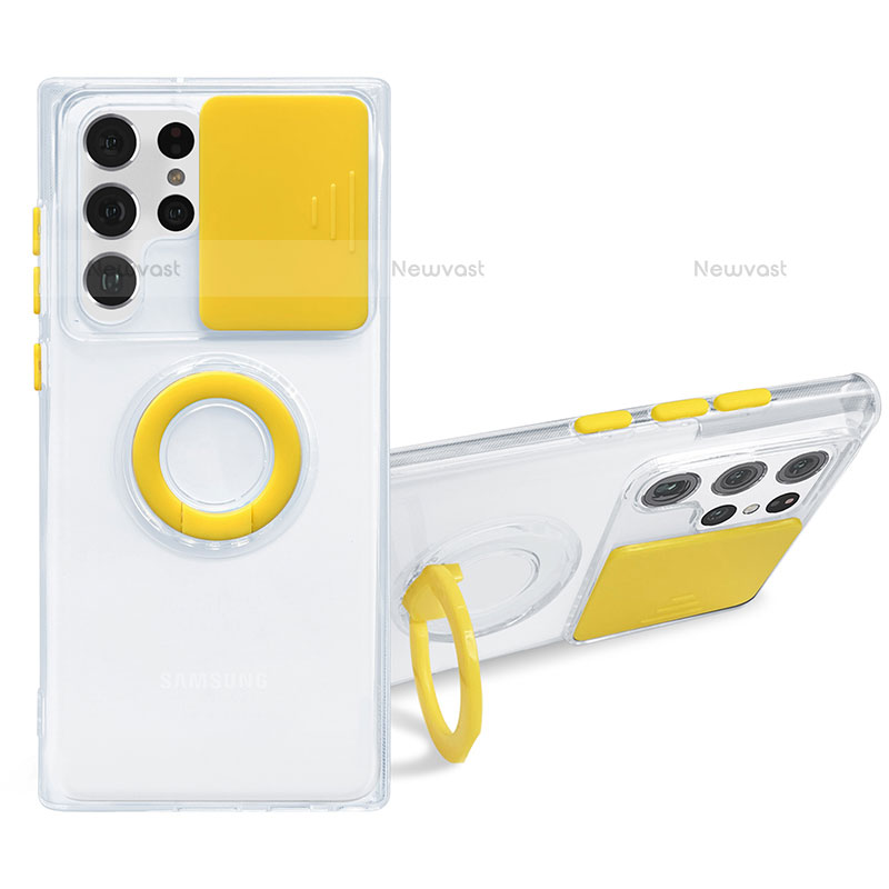 Ultra-thin Transparent TPU Soft Case Cover with Finger Ring Stand S01 for Samsung Galaxy S21 Ultra 5G Yellow