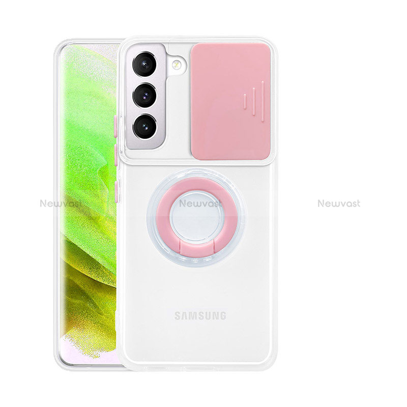 Ultra-thin Transparent TPU Soft Case Cover with Finger Ring Stand S01 for Samsung Galaxy S22 Plus 5G Pink