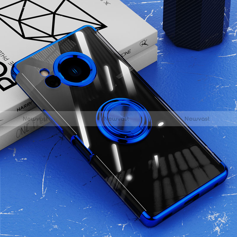 Ultra-thin Transparent TPU Soft Case Cover with Magnetic Finger Ring Stand AN1 for Sharp Aquos R8 Blue