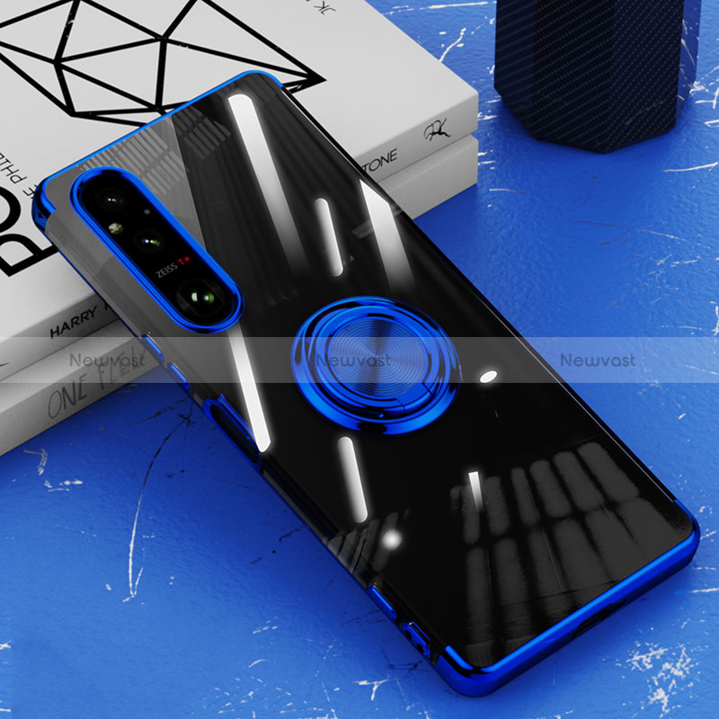 Ultra-thin Transparent TPU Soft Case Cover with Magnetic Finger Ring Stand AN1 for Sony Xperia 1 V