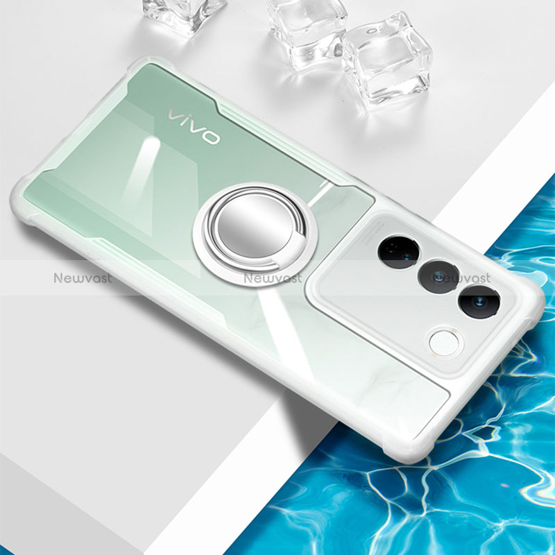 Ultra-thin Transparent TPU Soft Case Cover with Magnetic Finger Ring Stand BH1 for Vivo V27 Pro 5G White