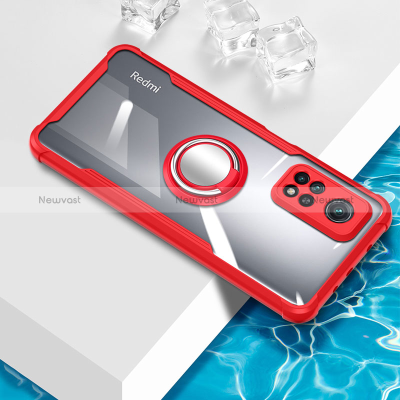 Ultra-thin Transparent TPU Soft Case Cover with Magnetic Finger Ring Stand BH1 for Xiaomi Mi 10T 5G Red