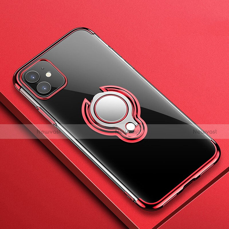 Ultra-thin Transparent TPU Soft Case Cover with Magnetic Finger Ring Stand C01 for Apple iPhone 11 Red