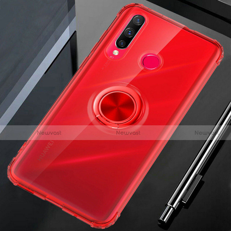 Ultra-thin Transparent TPU Soft Case Cover with Magnetic Finger Ring Stand C01 for Huawei P Smart+ Plus (2019) Red