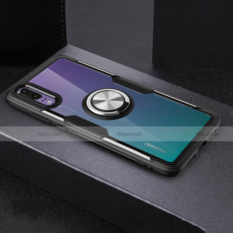 Ultra-thin Transparent TPU Soft Case Cover with Magnetic Finger Ring Stand C01 for Huawei P20 Silver and Black