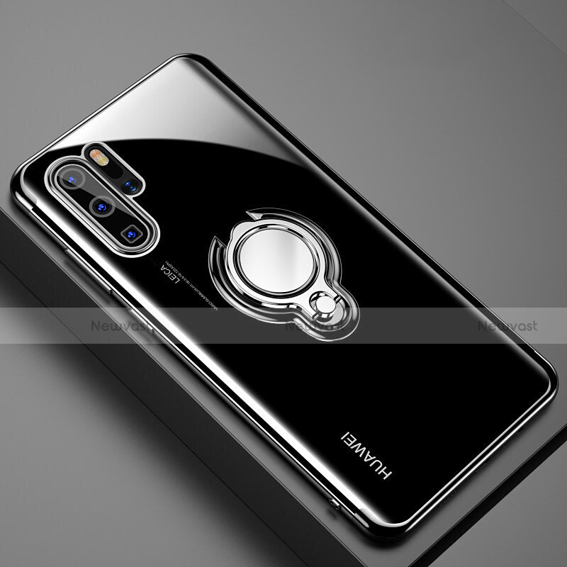 Ultra-thin Transparent TPU Soft Case Cover with Magnetic Finger Ring Stand C01 for Huawei P30 Pro Black