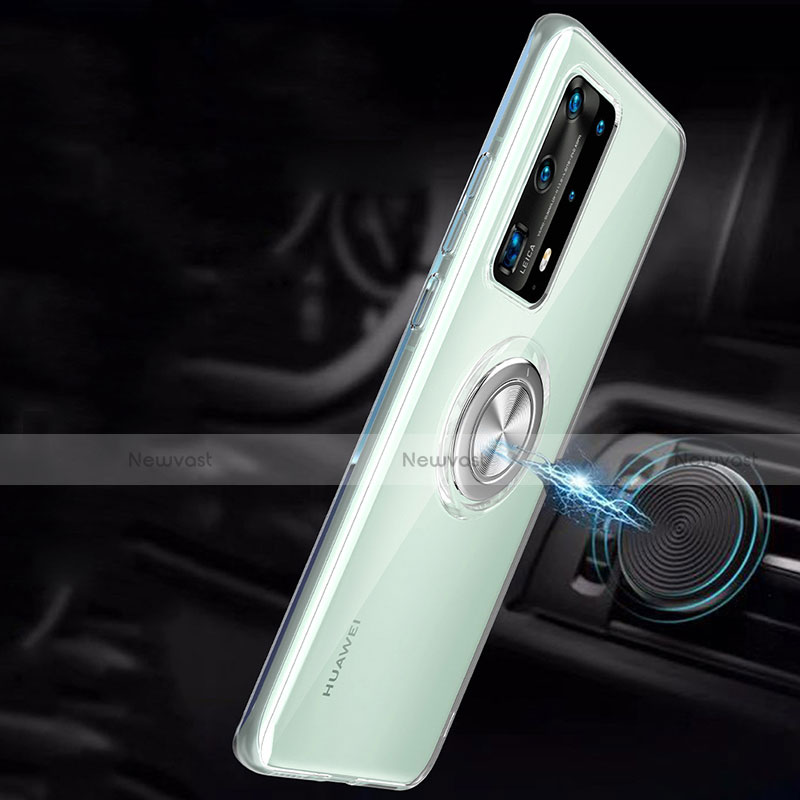 Ultra-thin Transparent TPU Soft Case Cover with Magnetic Finger Ring Stand C01 for Huawei P40 Pro+ Plus
