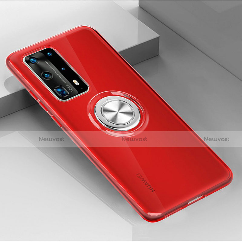 Ultra-thin Transparent TPU Soft Case Cover with Magnetic Finger Ring Stand C01 for Huawei P40 Pro+ Plus Red