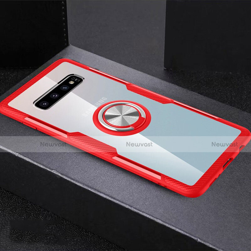 Ultra-thin Transparent TPU Soft Case Cover with Magnetic Finger Ring Stand C01 for Samsung Galaxy S10 Plus Red