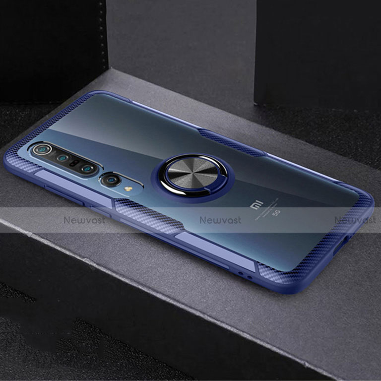 Ultra-thin Transparent TPU Soft Case Cover with Magnetic Finger Ring Stand C01 for Xiaomi Mi 10 Pro Blue