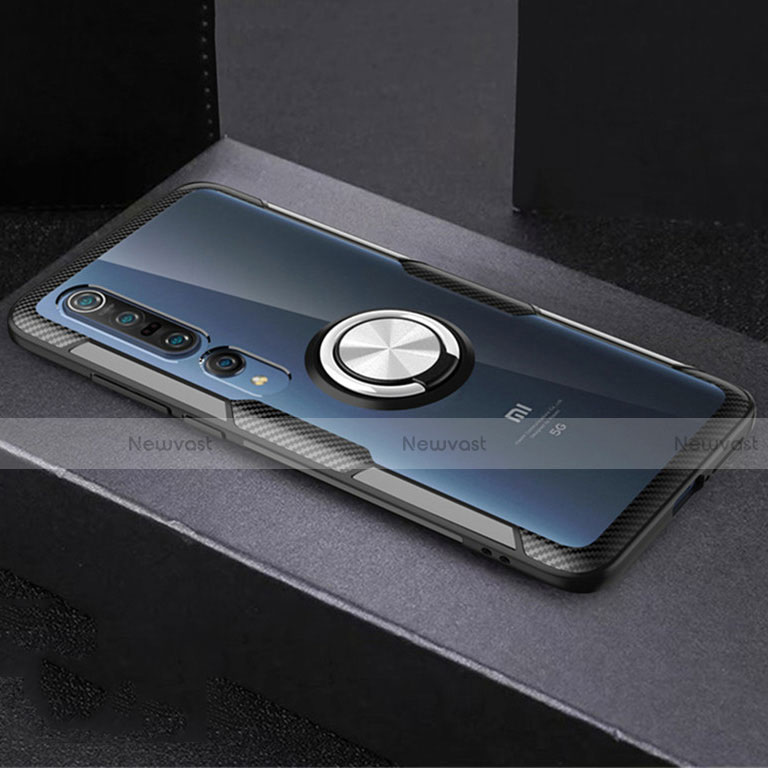 Ultra-thin Transparent TPU Soft Case Cover with Magnetic Finger Ring Stand C01 for Xiaomi Mi 10 Pro Silver and Black