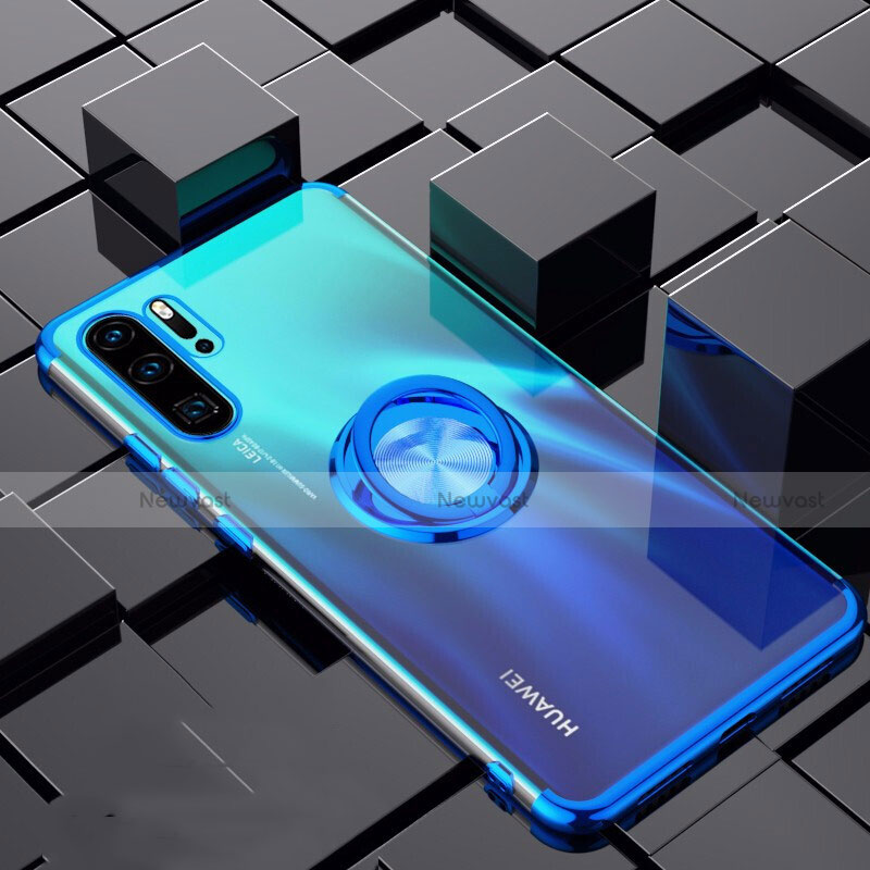 Ultra-thin Transparent TPU Soft Case Cover with Magnetic Finger Ring Stand C02 for Huawei P30 Pro New Edition Blue