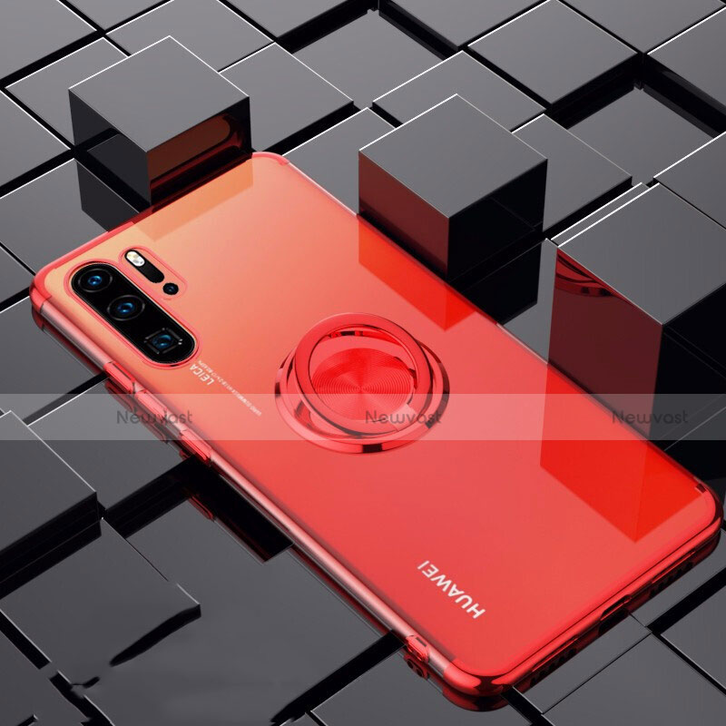 Ultra-thin Transparent TPU Soft Case Cover with Magnetic Finger Ring Stand C02 for Huawei P30 Pro New Edition Red