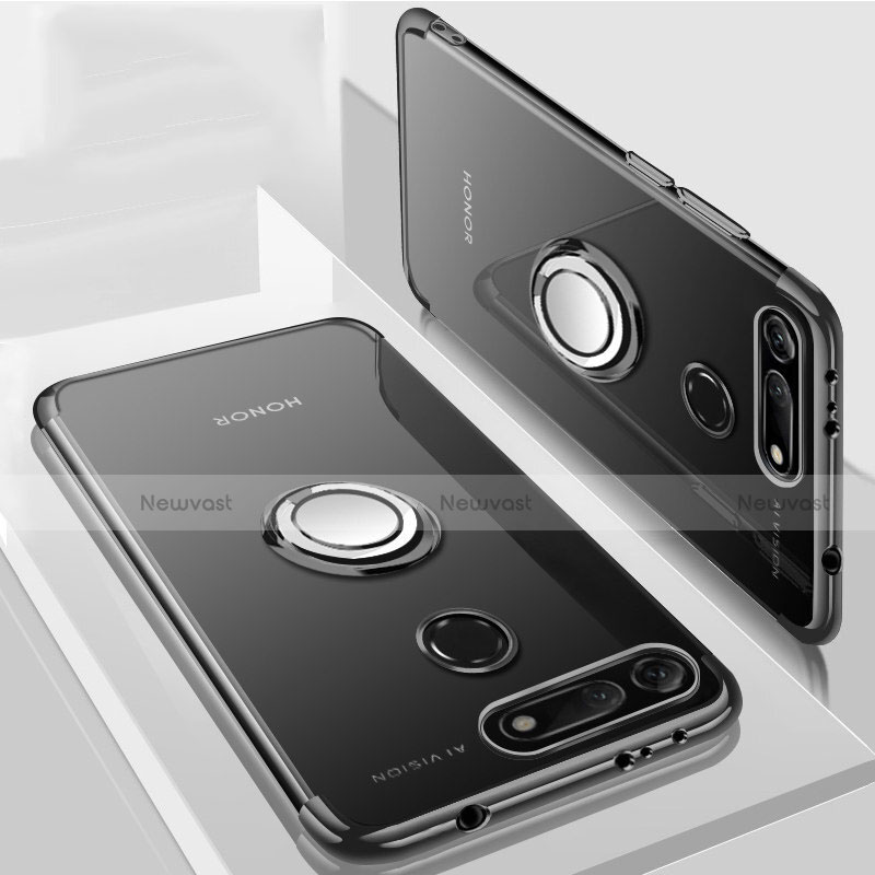 Ultra-thin Transparent TPU Soft Case Cover with Magnetic Finger Ring Stand C03 for Huawei Honor V20 Black