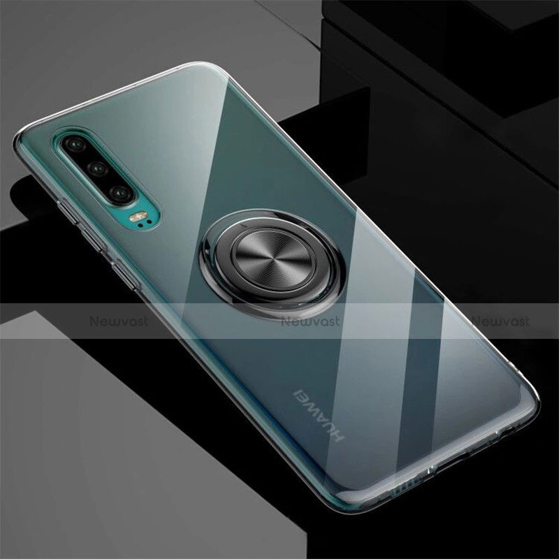 Ultra-thin Transparent TPU Soft Case Cover with Magnetic Finger Ring Stand C03 for Huawei P30 Gray