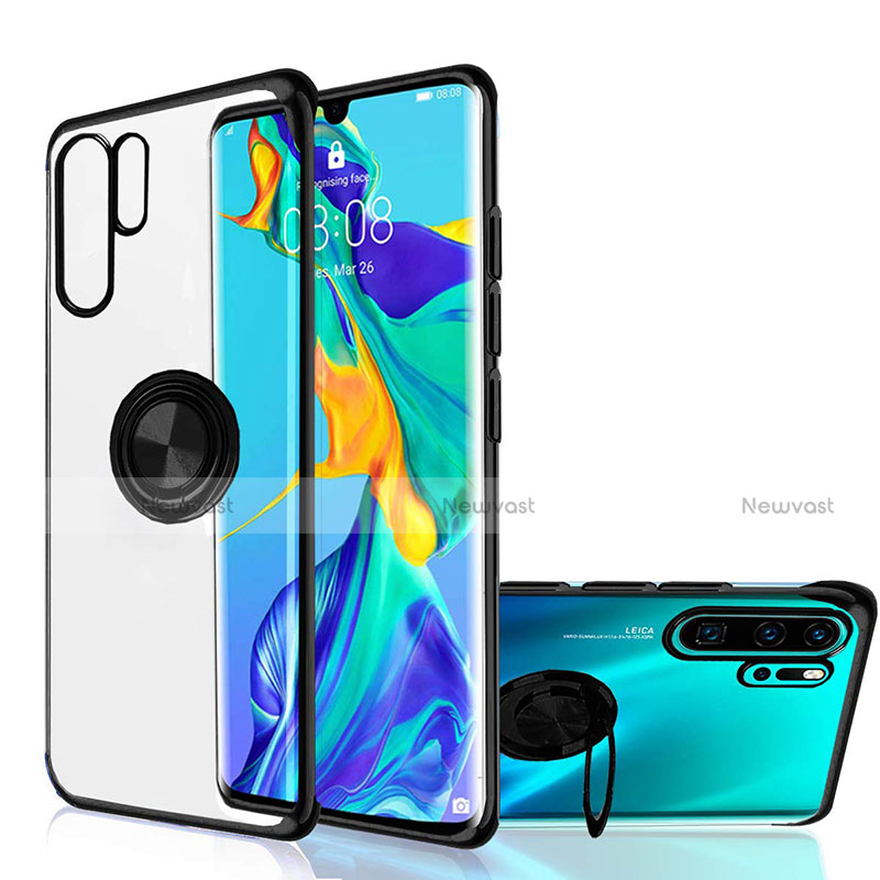 Ultra-thin Transparent TPU Soft Case Cover with Magnetic Finger Ring Stand C04 for Huawei P30 Pro New Edition Black