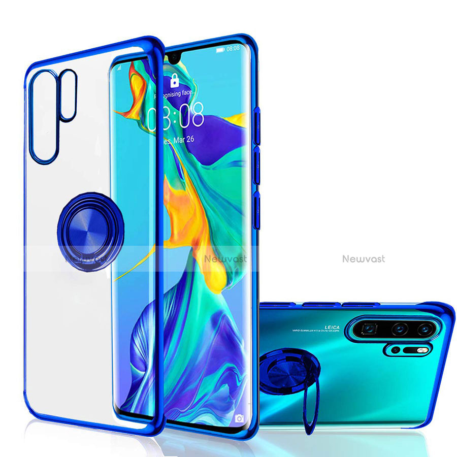 Ultra-thin Transparent TPU Soft Case Cover with Magnetic Finger Ring Stand C04 for Huawei P30 Pro New Edition Blue
