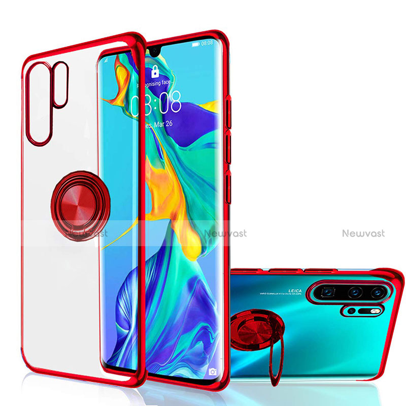 Ultra-thin Transparent TPU Soft Case Cover with Magnetic Finger Ring Stand C04 for Huawei P30 Pro Red