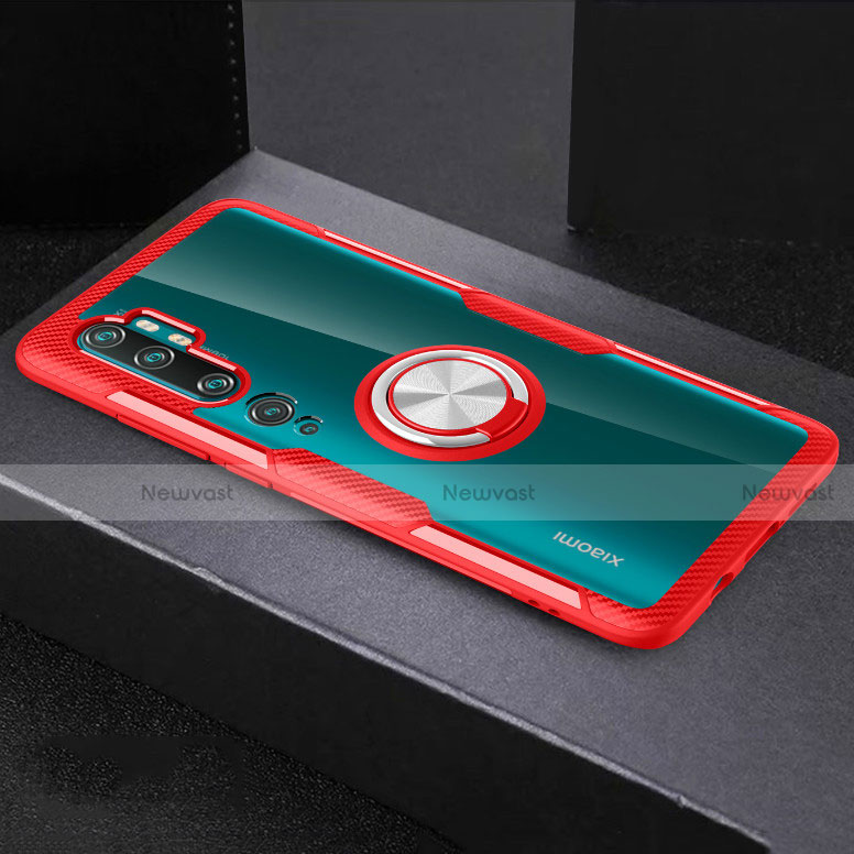 Ultra-thin Transparent TPU Soft Case Cover with Magnetic Finger Ring Stand D01 for Xiaomi Mi Note 10 Pro Red