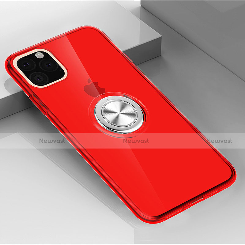 Ultra-thin Transparent TPU Soft Case Cover with Magnetic Finger Ring Stand F01 for Apple iPhone 11 Pro Max Red