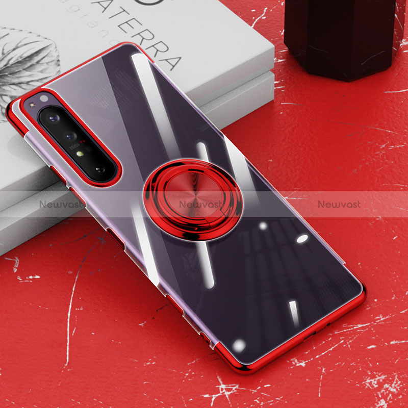 Ultra-thin Transparent TPU Soft Case Cover with Magnetic Finger Ring Stand for Sony Xperia 1 III Red