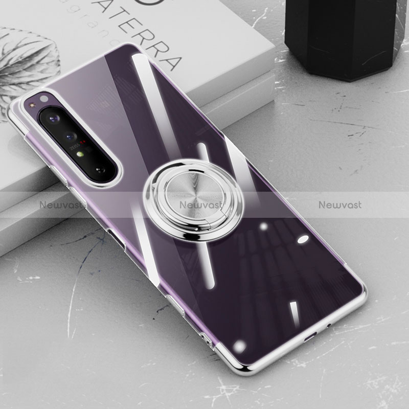 Ultra-thin Transparent TPU Soft Case Cover with Magnetic Finger Ring Stand for Sony Xperia 1 III Silver
