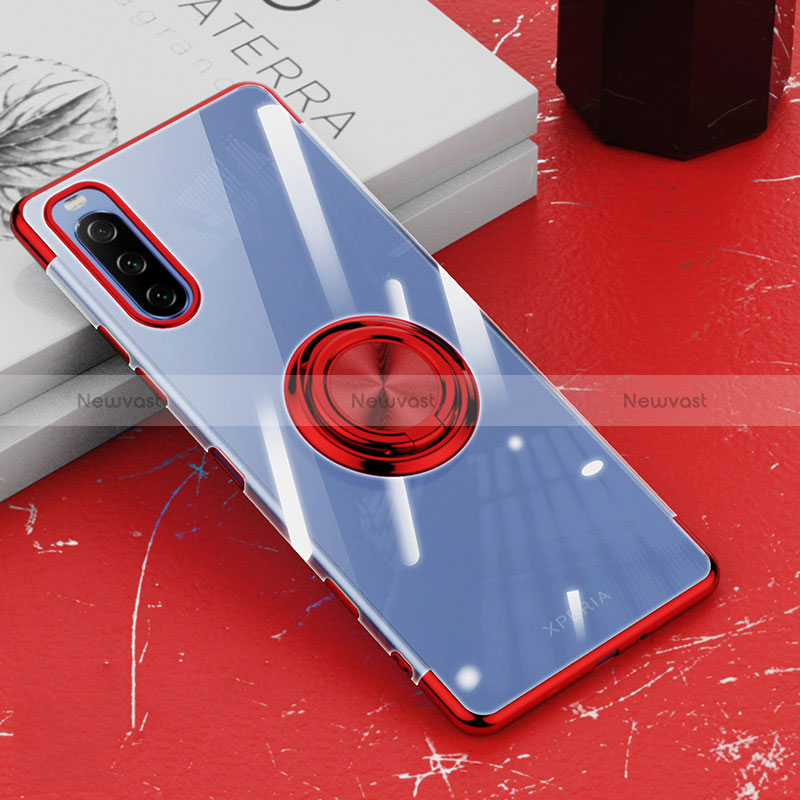 Ultra-thin Transparent TPU Soft Case Cover with Magnetic Finger Ring Stand for Sony Xperia 10 III Red