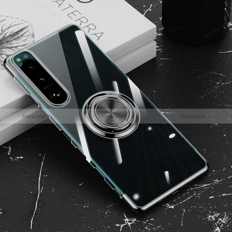 Ultra-thin Transparent TPU Soft Case Cover with Magnetic Finger Ring Stand for Sony Xperia 5 III Black