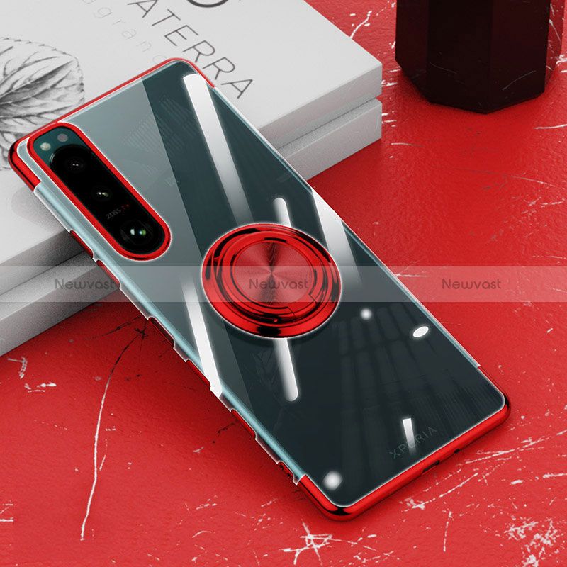 Ultra-thin Transparent TPU Soft Case Cover with Magnetic Finger Ring Stand for Sony Xperia 5 III Red