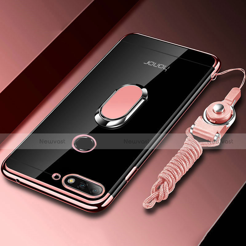 Ultra-thin Transparent TPU Soft Case Cover with Magnetic Finger Ring Stand S01 for Huawei Y6 (2018) Rose Gold