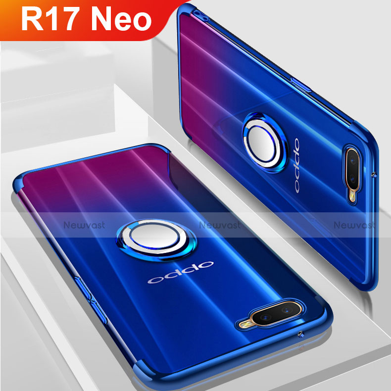 Ultra-thin Transparent TPU Soft Case Cover with Magnetic Finger Ring Stand S01 for Oppo R17 Neo Blue