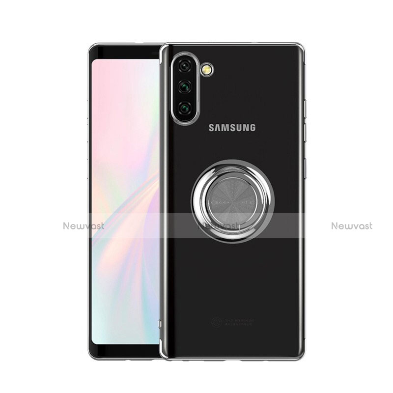 Ultra-thin Transparent TPU Soft Case Cover with Magnetic Finger Ring Stand S01 for Samsung Galaxy Note 10 5G Silver