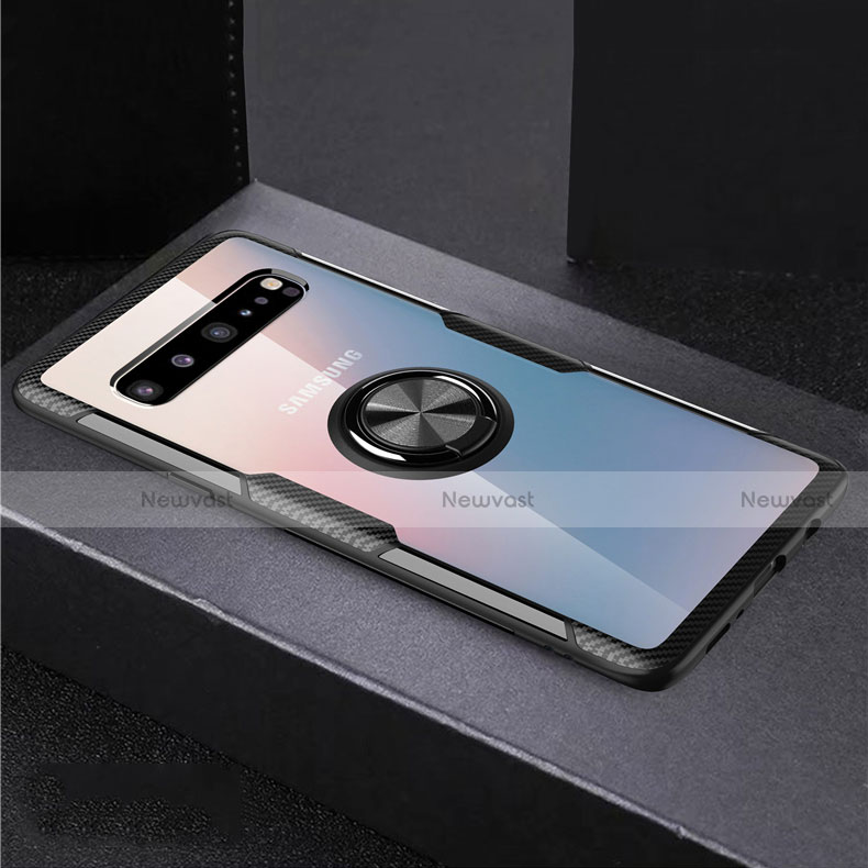 Ultra-thin Transparent TPU Soft Case Cover with Magnetic Finger Ring Stand S01 for Samsung Galaxy S10 5G SM-G977B Black