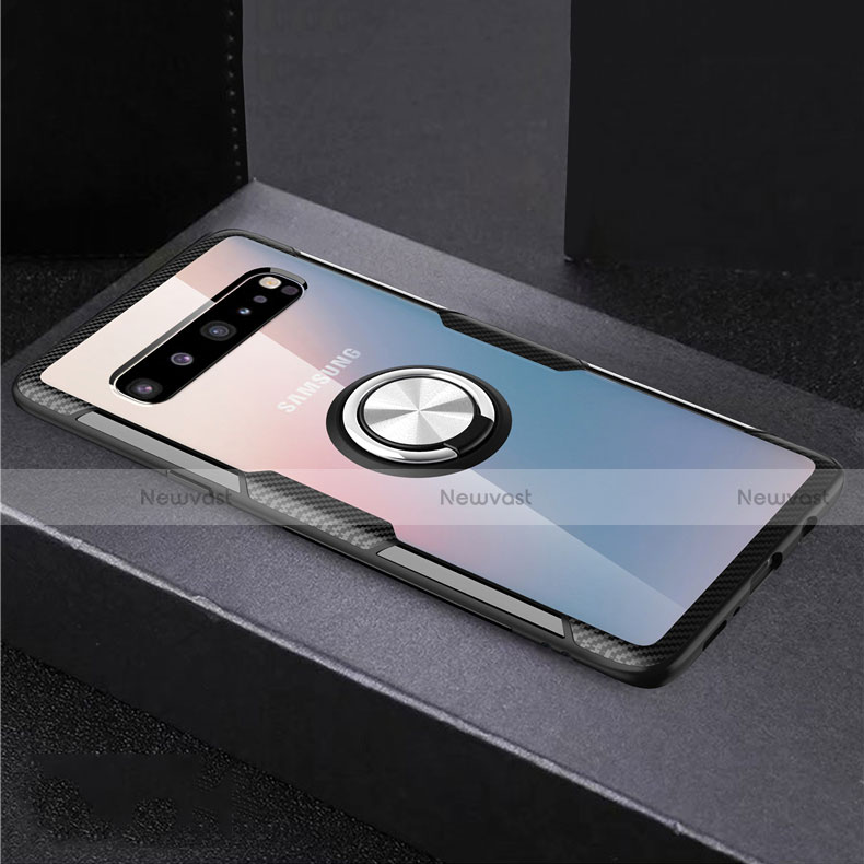 Ultra-thin Transparent TPU Soft Case Cover with Magnetic Finger Ring Stand S01 for Samsung Galaxy S10 5G SM-G977B Silver and Black