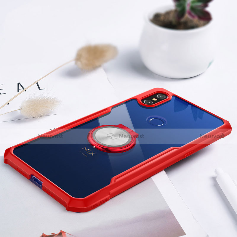 Ultra-thin Transparent TPU Soft Case Cover with Magnetic Finger Ring Stand S01 for Xiaomi Mi Mix 3 Red