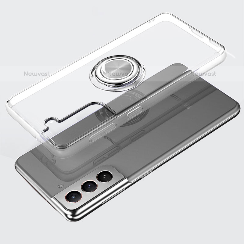 Ultra-thin Transparent TPU Soft Case Cover with Magnetic Finger Ring Stand S02 for Samsung Galaxy S21 5G