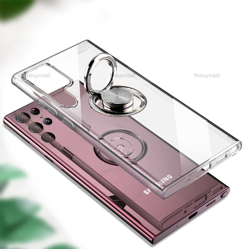 Ultra-thin Transparent TPU Soft Case Cover with Magnetic Finger Ring Stand S05 for Samsung Galaxy S22 Ultra 5G