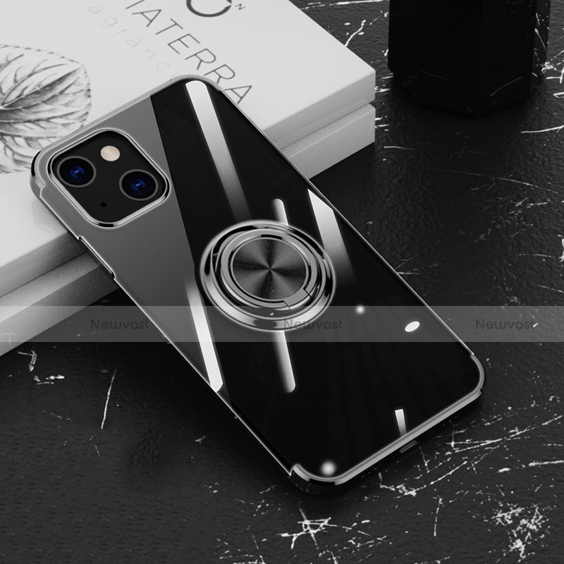 Ultra-thin Transparent TPU Soft Case Cover with Magnetic Finger Ring Stand Z02 for Apple iPhone 13 Mini Black